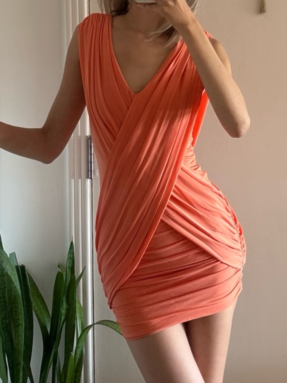 BCBGMAXAZRIA Alondra Melon Orange Drape Bodycon Mini Dress XXS